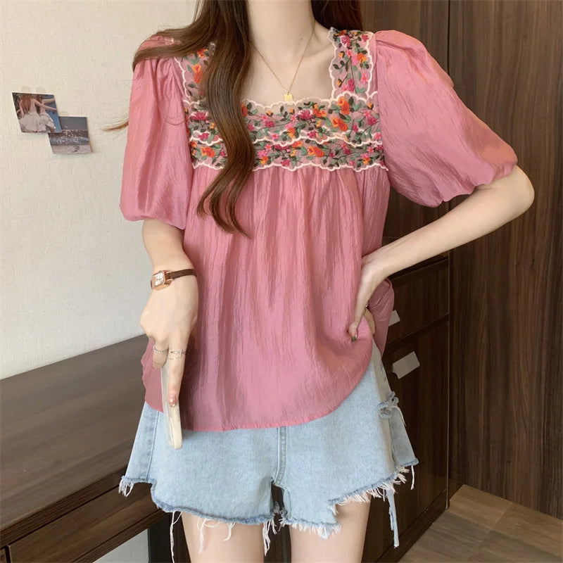 Women’s Embroidered Puff Sleeve T-Shirt – Square Neck Loose Fit Summer Top