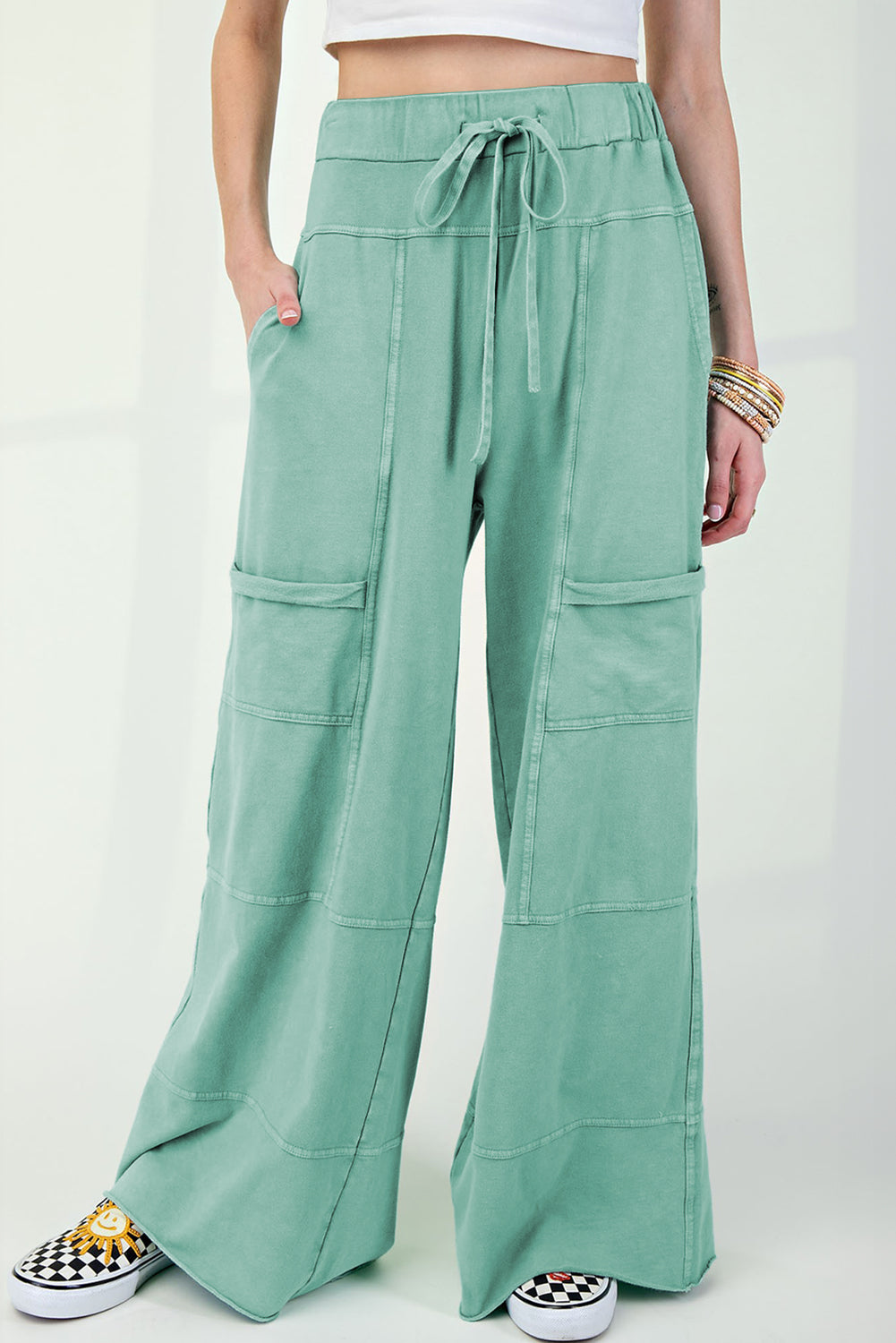 High-Waist Mineral Wash Cargo Pants , Wide Leg with Drawstring & Exposed Seams