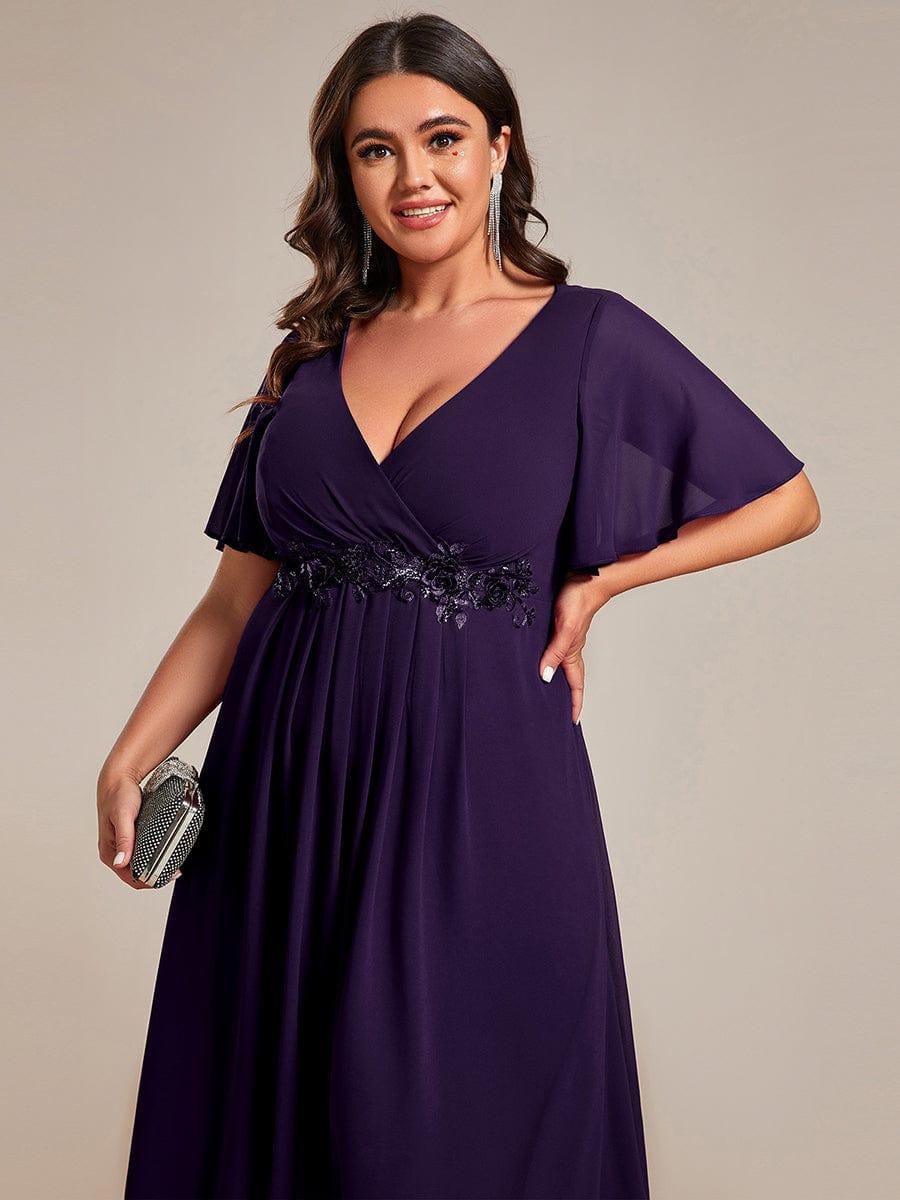 Stunning V-Neck Chiffon Midi Evening Dress with Exquisite Waist Applique💐