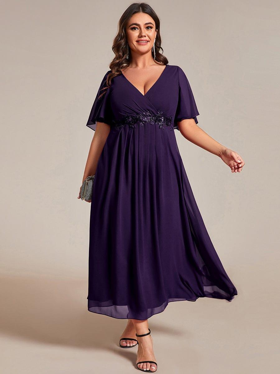 Stunning V-Neck Chiffon Midi Evening Dress with Exquisite Waist Applique💐