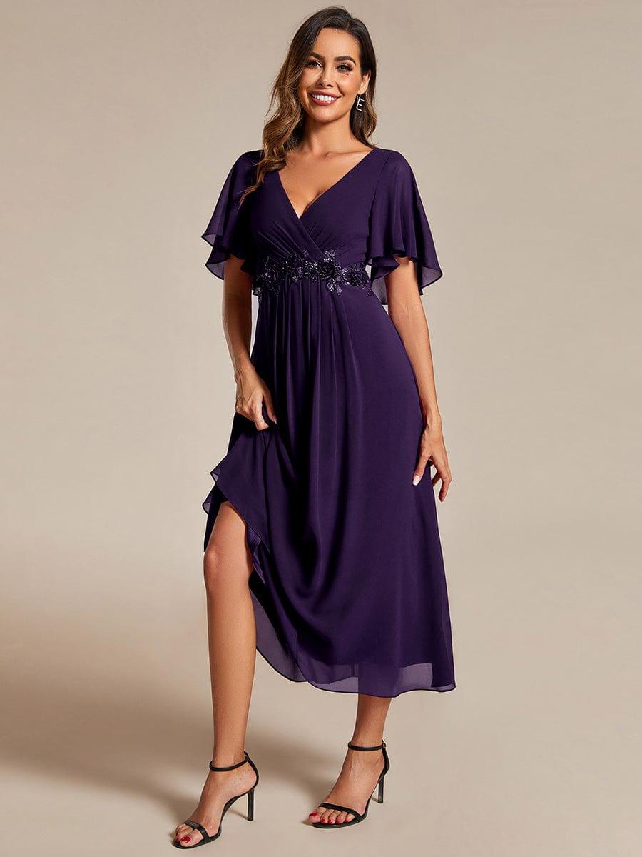 Stunning V-Neck Chiffon Midi Evening Dress with Exquisite Waist Applique💐