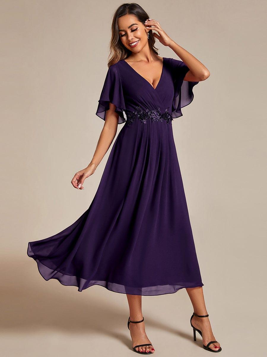Stunning V-Neck Chiffon Midi Evening Dress with Exquisite Waist Applique💐