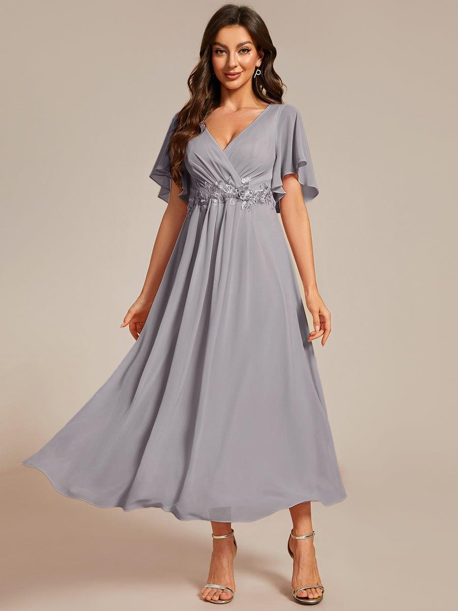 Stunning V-Neck Chiffon Midi Evening Dress with Exquisite Waist Applique💐