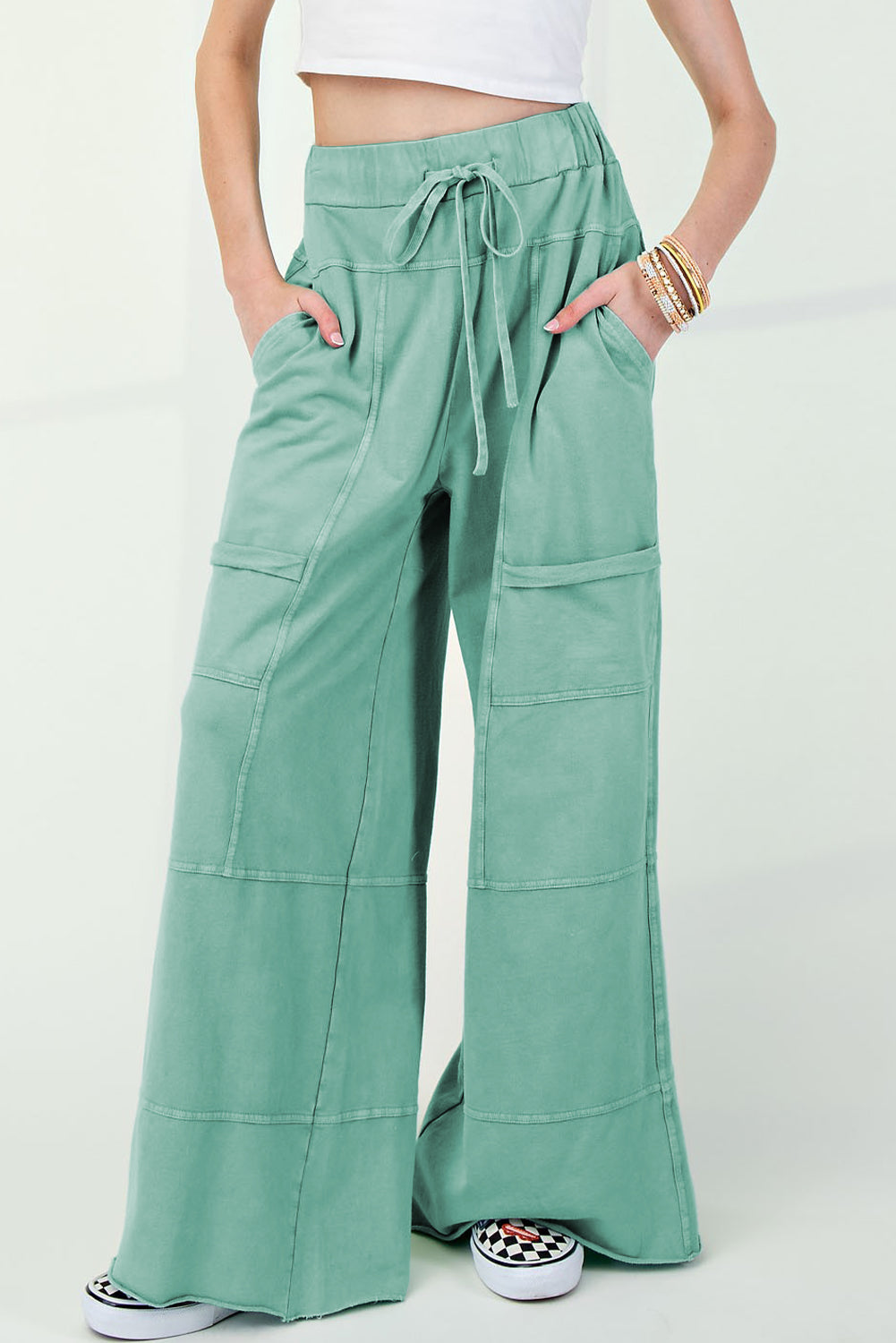 High-Waist Mineral Wash Cargo Pants , Wide Leg with Drawstring & Exposed Seams