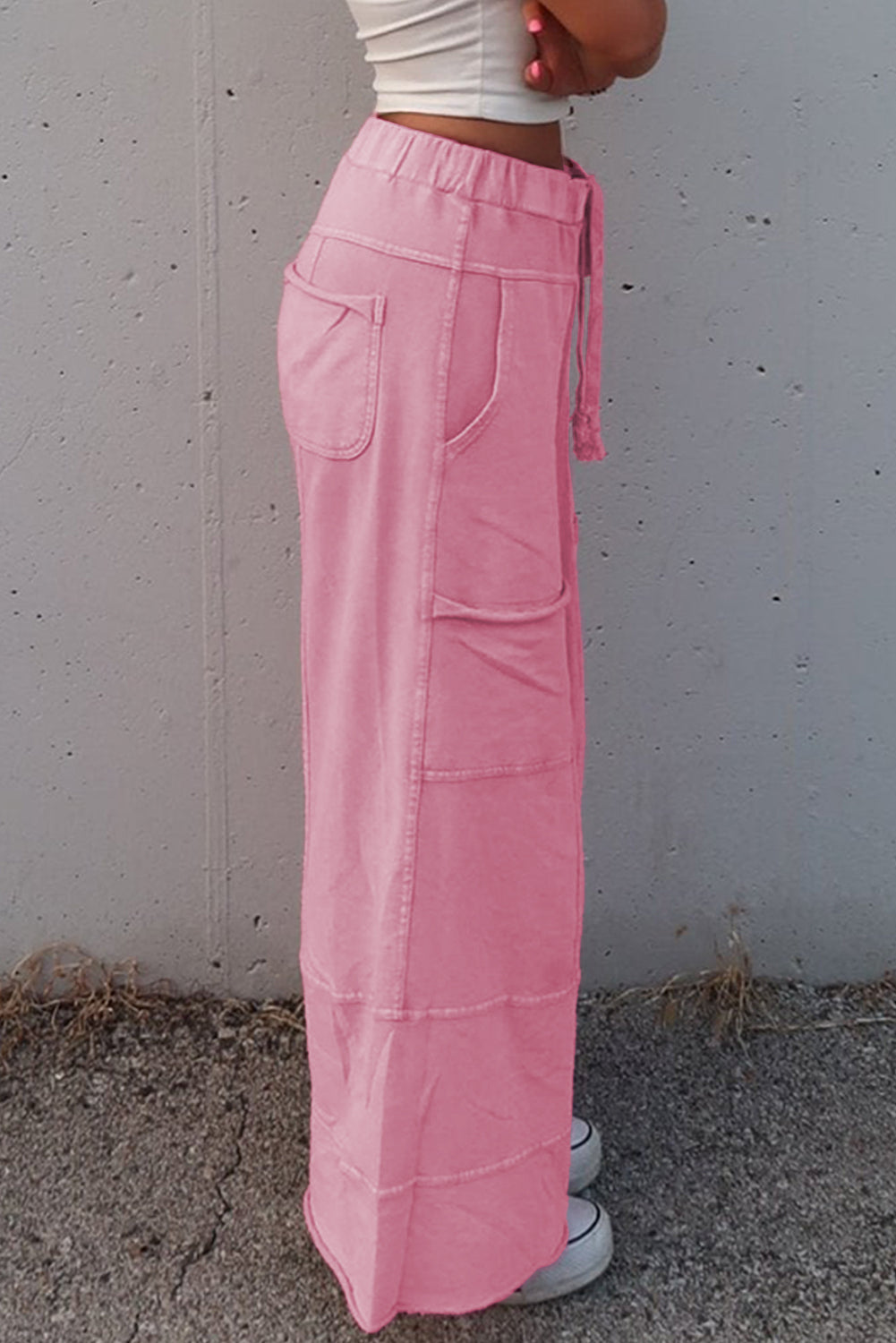 High-Waist Mineral Wash Cargo Pants , Wide Leg with Drawstring & Exposed Seams