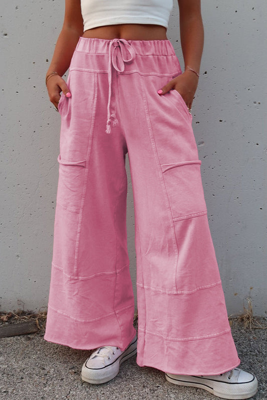 High-Waist Mineral Wash Cargo Pants , Wide Leg with Drawstring & Exposed Seams