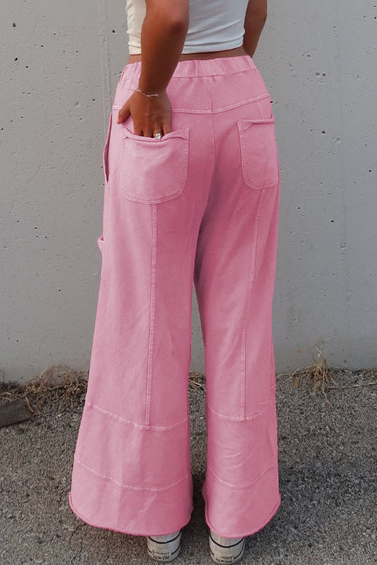 High-Waist Mineral Wash Cargo Pants , Wide Leg with Drawstring & Exposed Seams