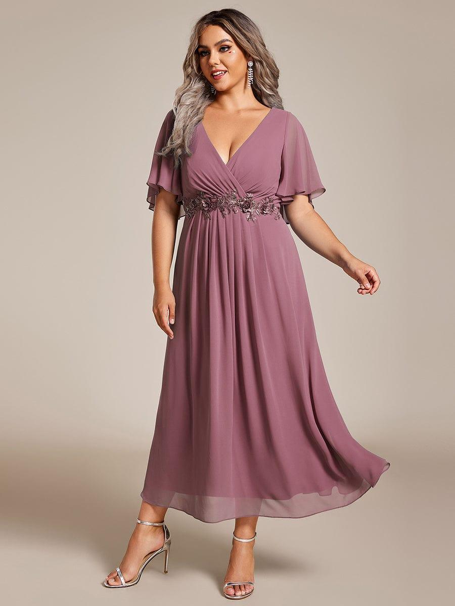 Stunning V-Neck Chiffon Midi Evening Dress with Exquisite Waist Applique💐