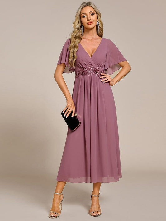 Stunning V-Neck Chiffon Midi Evening Dress with Exquisite Waist Applique💐