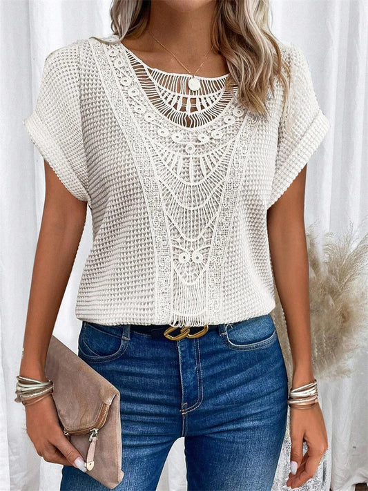 Elegant Solid Color Lace T-Shirt