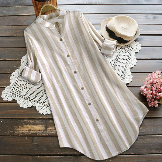 Retro Stripe Oversized Button T-Shirt , Casual Short Sleeve Top