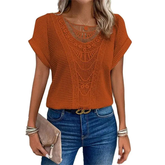 Elegant Solid Color Lace T-Shirt