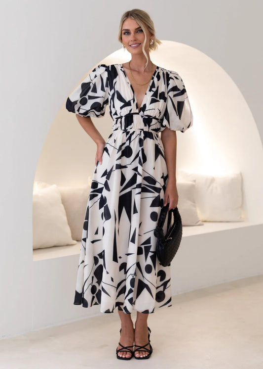 Flowy Summer A-Line Dress – Puff Sleeve V-Neck Maxi with Bold Prints