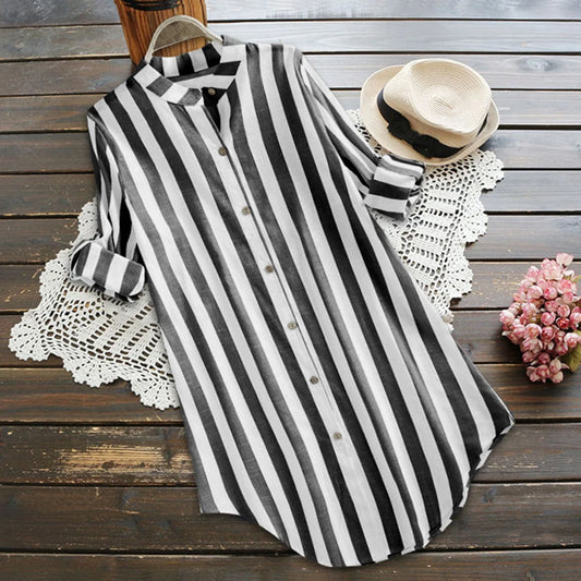 Retro Stripe Oversized Button T-Shirt , Casual Short Sleeve Top