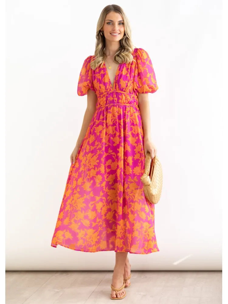 Flowy Summer A-Line Dress – Puff Sleeve V-Neck Maxi with Bold Prints