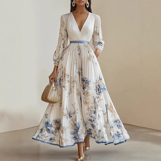 Elegant Long Sleeve Maxi Dress – Vintage Floral Print with Sash Belt for Summer & Vacations