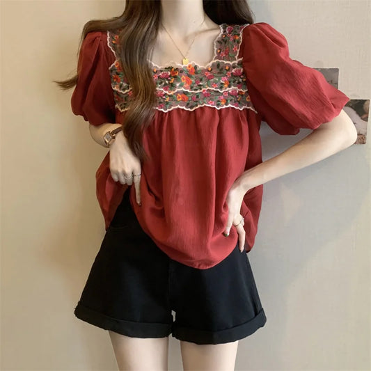 Women’s Embroidered Puff Sleeve T-Shirt – Square Neck Loose Fit Summer Top